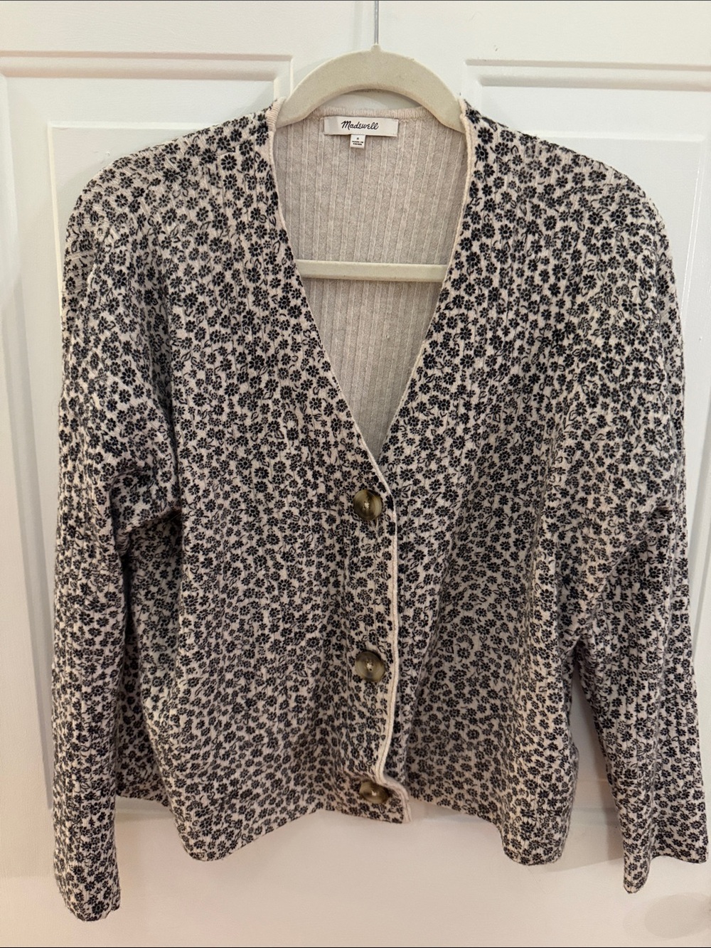 Madewell Cream Cardigan with Black Floral Motif